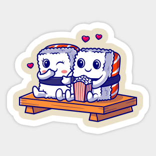 Cute Couple Sushi Eating Popcorn Cartoon Sticker